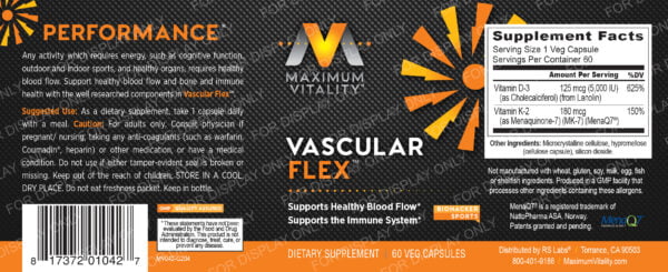 Vascular Flex for professionals, biohackers, and women full label with a yellow orange performance starburst