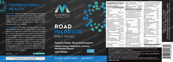Road Warrior Daily micronutrient Packs for professionals, biohackers, and women full label showing the blue and turquoise foundational health logo