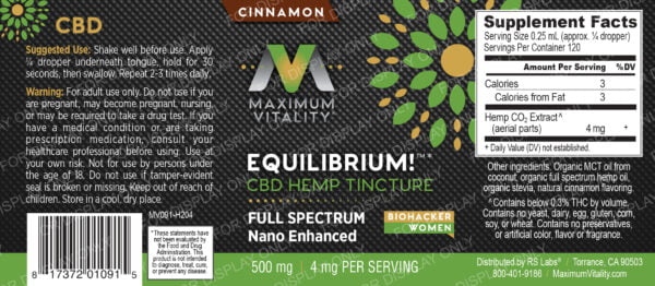 Equilibrium! CBD Hemp Tincture full black label Cinnamon flavor for biohackers, athletes, women, and professionals with a radiating green leaf starburst