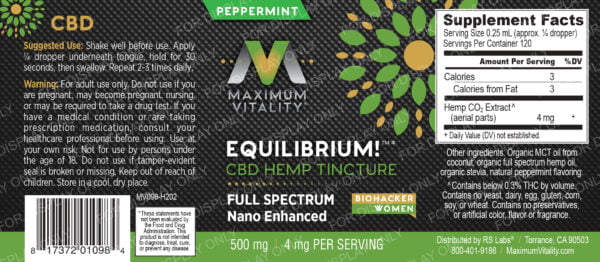 Equilibrium! CBD Hemp Tincture full black label Peppermint flavor for biohackers, athletes, women, and professionals with a radiating green leaf starburst