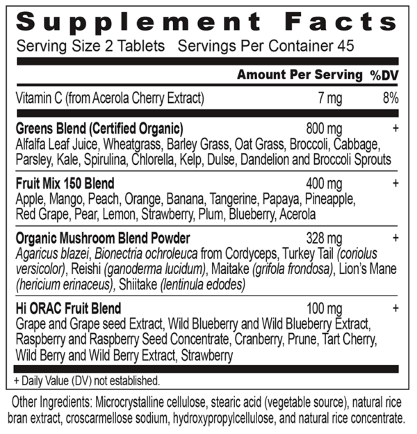 Superfoods Immune Energizer supplement facts panel containing a wide array of antioxidants, polyphenols and phytonutrients from organic green vegetables, fruits and organic mushrooms