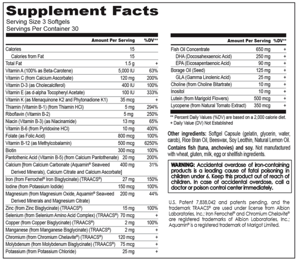 Mom To Be Prenatal Vitality multivitamin supplement facts panel which contains higher doses and greater micronutrient variety than a typical prenatal