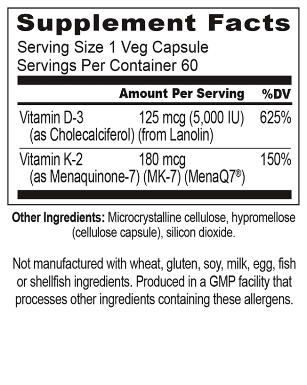 Vascular Flex supplement facts panel which highlights 5000 IU vitamin D3 and 180 mcg vitamin K2 as MK-7