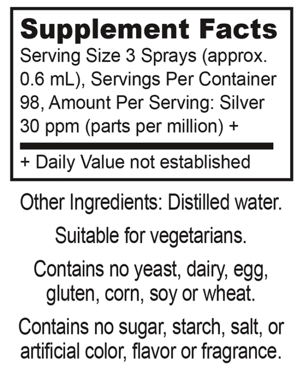 Colloidal Silver Spray supplement facts panel describes the 30 parts per million suspension in de-ionized water