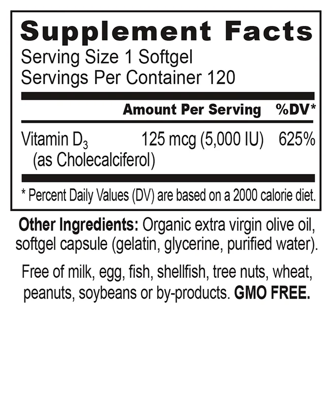 Sunshine Vitamin D3 5000 IU Supplement Facts